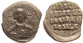 ANONYMOUS, Follis, S1818, Facg Christ bust/4-line lgnd, variety w/chevrons above & below; VF, sl off-ctr on unround flan, dark brown patina, minor rou...
