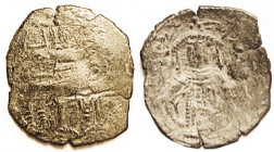 MICHAEL VIII, Æ Trachy, S2288, Large patriarchal cross/Michael stg; G/F, greenish patina, obv hard to make out, rev figure quite clear. Rare .