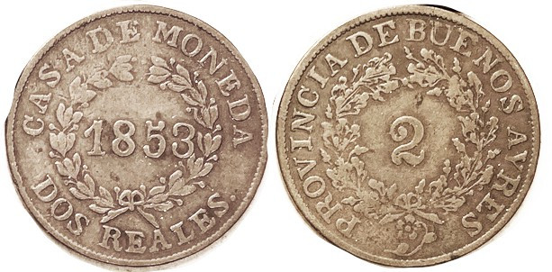 ARGENTINA, Æ 2 Reales 1853, 31 mm, F-VF, good strike, problem-free, nice.
