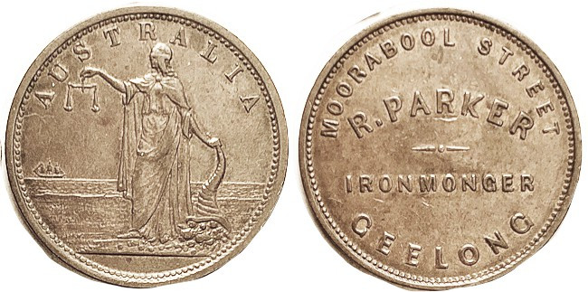 AUSTRALIA, Penny Token (1862), Parker, Ironmonger, Geelong; 34 mm, Stg Justice/l...