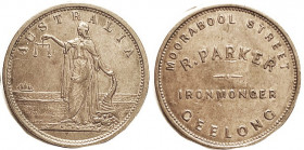 AUSTRALIA, Penny Token (1862), Parker, Ironmonger, Geelong; 34 mm, Stg Justice/lgnds; Choice EF, well struck, good brown suhrfaces. (KM EF $300)