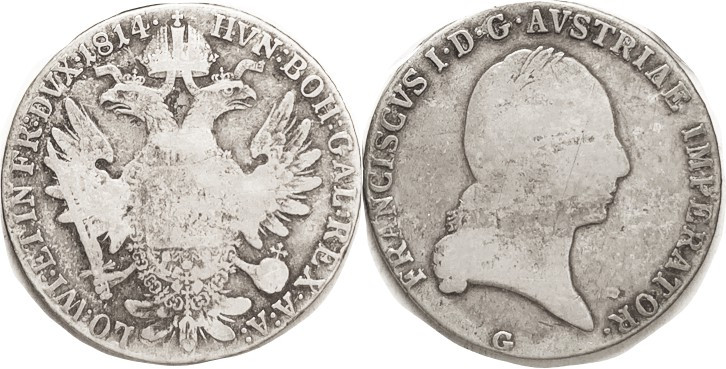 AUSTRIA, Thaler, 1814-G, Francis bust r/2-headed eagle, G-VG, very sl flan flaws...