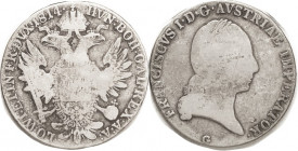 AUSTRIA, Thaler, 1814-G, Francis bust r/2-headed eagle, G-VG, very sl flan flaws, toned. Scarce.