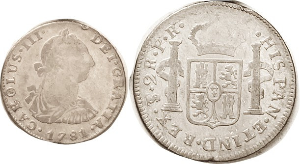 BOLIVIA, 2 Reales, 1781-PR, AF, minor rev wkness, portrait shows detail, good me...