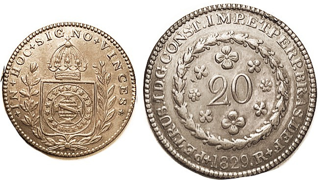 BRAZIL, 20 Reis 1829R, Choice VF, medium brown, problem free.