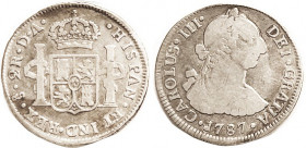 CHILE, 2 Reales, 1787 Nice F, good problem-free metal with lt tone, bust with some detail. Scarce date. (A F brought $280 + buyer fee, Sedwick 11/20.)