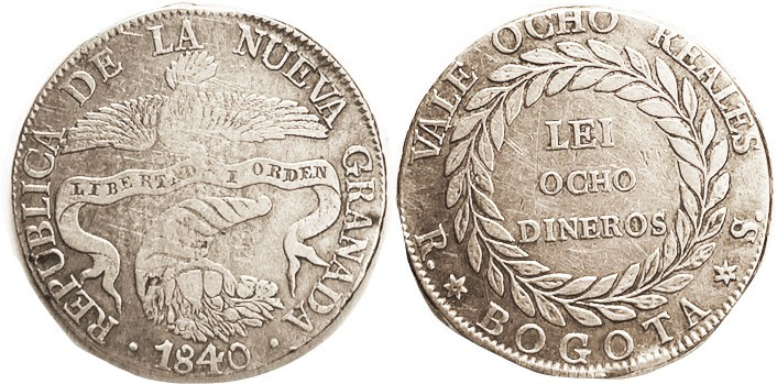 COLOMBIA, 8 Reales 1840 RS, F/AVF, good strike & planchet quality for this.