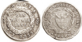 COLOMBIA, 2 Decimos, 1866 Bog, AVF, minor scr at edge (Cat VF $60).