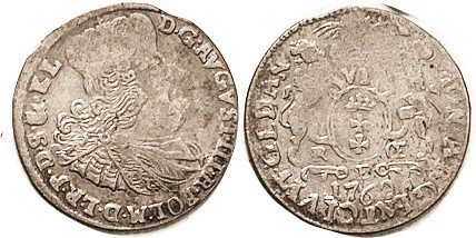 DANZIG, Ar 6 Groschen 1762, Friedrich August bust r/lions etc, 23 mm, overall F,...