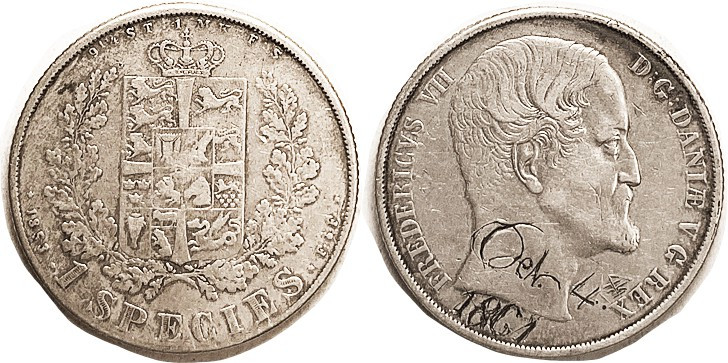 DENMARK, Species Daler 1853 FF, VF/F+, engraved "Oct 4th 1861" on & below neck. ...