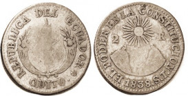 ECUADOR, 2 Reales, 1838, types as last, obv center worn, otherwise VG+, good metal, lt tone. (KM VG $45.)