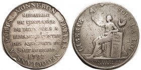 FRANCE, Monneron Token 2 Sols 1791, Std Liberty/ lgnds, Æ 32 mm, KM Tn25; F/VG, minor marks, all lettering clear. (A VF with rim nicks sold for 315,00...