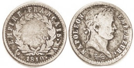 FRANCE, 1/2 Franc 1810-A, Napoleon bust, rev center worn out, otherwise VG, strong portrait.