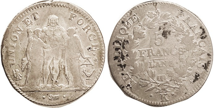 FRANCE, 5 Francs, L'An 5/4-K, Hercules Group/lgnds & wreath, VG, uneven tone, da...