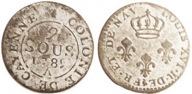 FRENCH GUIANA, 2 Sous 1789, F or better, minor date wkness, much silver color in fields, unusual thus.