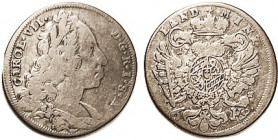 GERMANY, BAVARIA, Ar 6 Kreuzer 1744, Carl VII bust r/2-headed eagle; Nice AF/F, good metal, toned. (KM F $75)