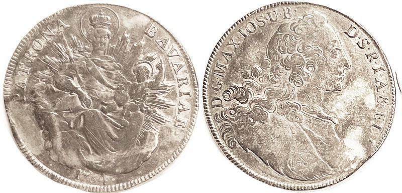 GERMANY, BAVARIA, Taler 1764,, Bust r/Madonna & child, F-VF, subtle smoothing in...