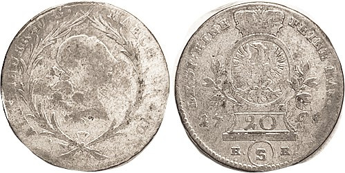 GERMANY, Brandeburg-Ansbach Ar 20 Kreuzer 1765-S, Bust r in wreath/arms etc, VG,...