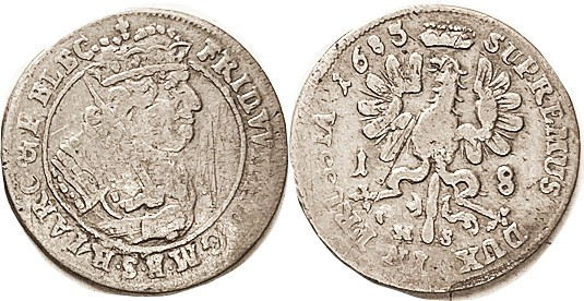 GERMANY, PRUSSIA, 18 Grossus, 1685-HS, 29 mm, Fred Wilhelm bust r/Eagle; F+, som...