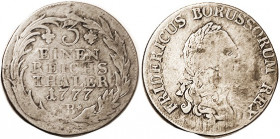GERMANY, PRUSSIA, 1/3 Taler, 1777B, Bust r/lgnd in wreath, VG-F, a little weak on face.
