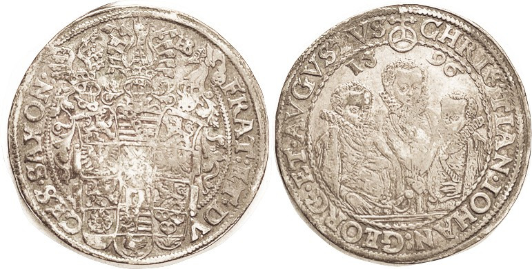 GERMANY, SAXONY, Taler, 1596, 3 Brothers half length figures facg/elaborate arms...