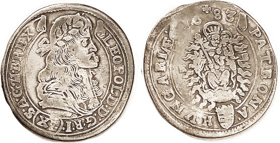 HUNGARY, 15 Kreuzer, 1683-KB, Leo the Hogmouth bust r/Madonna & child, 30 mm, F,...