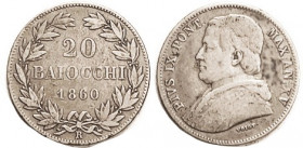 ITALY, Papal States, Ar 20 Baiocchi, 1860R-XV, Pius IX bust r/lgnd in wreath; AF/F, toned.