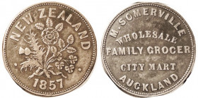 NEW ZEALAND, Token Penny, 1857, Somerville, Family Grocer, 35 mm, Flower bunch/lgnds, VF, bold & nice (cat $220).