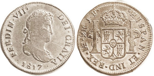 PERU, 2 Reales 1817, nice F (KM $35), bright with lt tone, bold & problem-free.