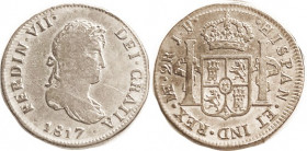 PERU, 2 Reales 1817, nice F (KM $35), bright with lt tone, bold & problem-free.