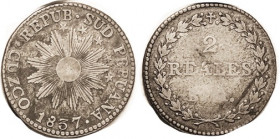 PERU, South Peru, 2 Reales 1837-Ba, Sunface/lgnd in wreath; "BA" weak, otherwise VG, toned.