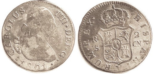 SPAIN, 2 Reales 1801 Seville-CN, VG/F, good metal, somewhat uneven tone.