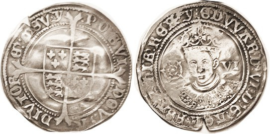 Edward VI, 1547-53, 6 Pence, S2483, Facing bust/shield on cross, mm Y; F, modest...