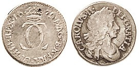 Charles II, Ar 2 Pence, 1679, Bust r/interlocked C's, F, toned, sm dig at rev crown.