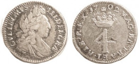 William III, 4 Pence, 1702, F+/VF, toned. The only 1702 coin for William. (A VF brought $133, London Coins Auction 6/16 . )