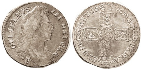 William III, Shilling, 1696-E, 1st bust, ESC 1084; AF, nicely toned, minor area ...