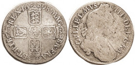 William III, Shilling 1698 Plain, 3rd Bust, VG/F, ltly toned, quite scarce. Spink F £90.