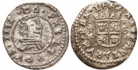 Philip IV, 8 Maravedis, 1662 Trujillo-M, Bust r/crowned shield, 20 mm; VF+, rev sl off-ctr, minor crudeness, medium brown. Strong portrait of childish...