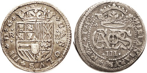 Carlos III, Pretender, 2 Reales, 1712, Barcelona, crowned monogram/crowned shiel...