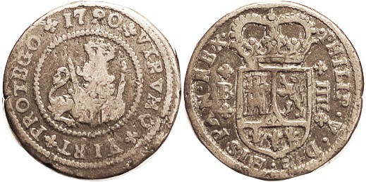 Philip V, 4 Maravedi, 1720 B, Lion hldg 2 scepters/ crowned arms, VG/F, medium b...