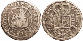 Philip V, 4 Maravedi, 1720 B, Lion hldg 2 scepters/ crowned arms, VG/F, medium brown, minor flan imperfections.