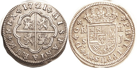 Philip V, 2 Reales, 1721 Seville-J, Choice VF+, well struck, excellent metal wit...
