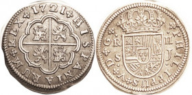 Philip V, 2 Reales, 1721 Seville-J, Choice VF+, well struck, excellent metal with nice tone, curled from roller dies. (A VF with flan flaw realized $1...