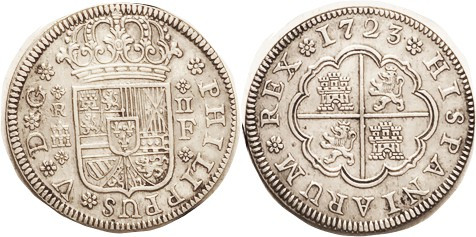 Philip V, 2 Reales 1723 Segovia-F, Choice EF-AU, beautifully struck, ltly toned....