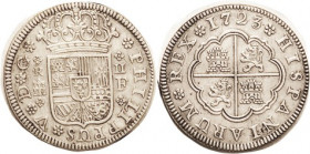 Philip V, 2 Reales 1723 Segovia-F, Choice EF-AU, beautifully struck, ltly toned. (Same variety, "About Mint State" brought $619, St. James 9/10.)