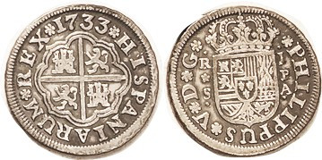 Philip V, Real, 1733 Seville-A, Nice strong VF, ltly toned.