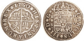 Charles III, 2 Reales, 1760 Seville-JV, Bold choice VF, good 2-toned silver, very sweet. (A Near VF brought $64, Roma 11/20.)
