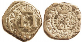 NAVARRE, Æ 4 Cornados 1619, Pamplona, 22 mm, F+, sl off-ctr on squareish flan, pale brown, rare!