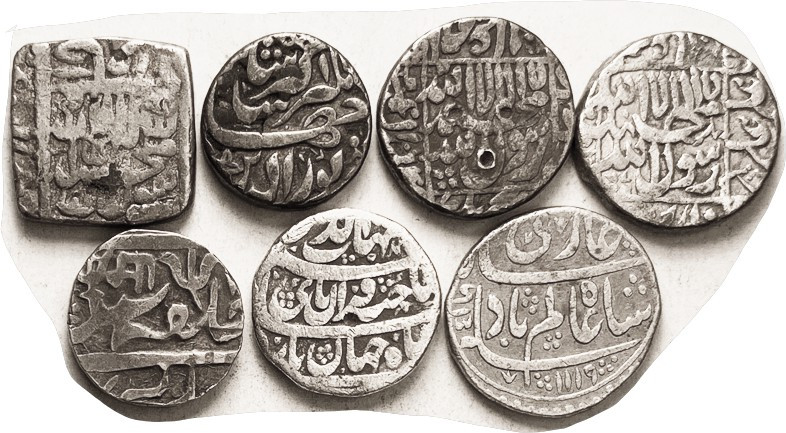 INDIA, Mughal Rupees of 7 diff reigns, 1556-1788, identified, average VG-F or be...