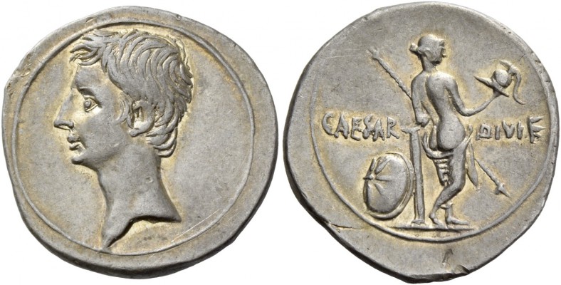 Octavian, 32 – 27. Denarius, Brundisium or Roma circa 32-29 BC, AR 3.57 g. Bare ...